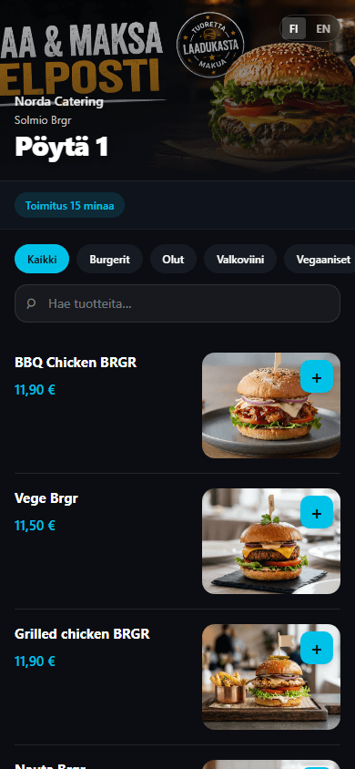 QR-tilaus puhelimessa: menu kategorioineen ja tuotekuvineen