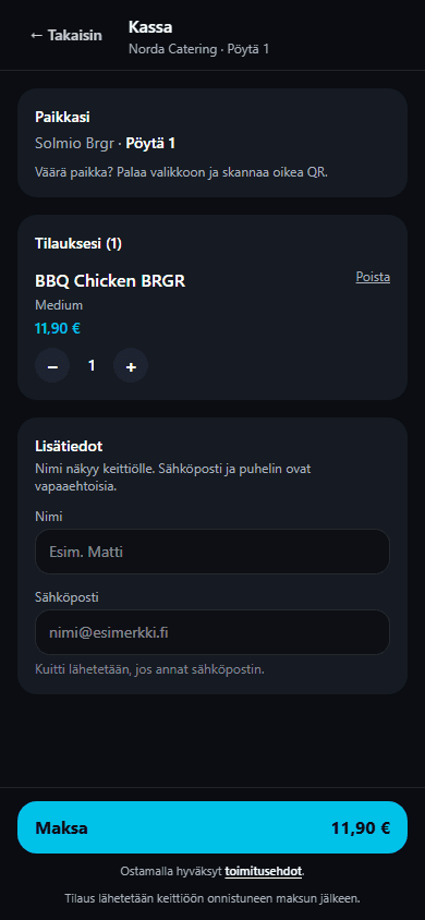 QR-tilauksen kassa: pöytänumero, tilaus ja maksu; tilaus lähtee keittiöön maksun jälkeen