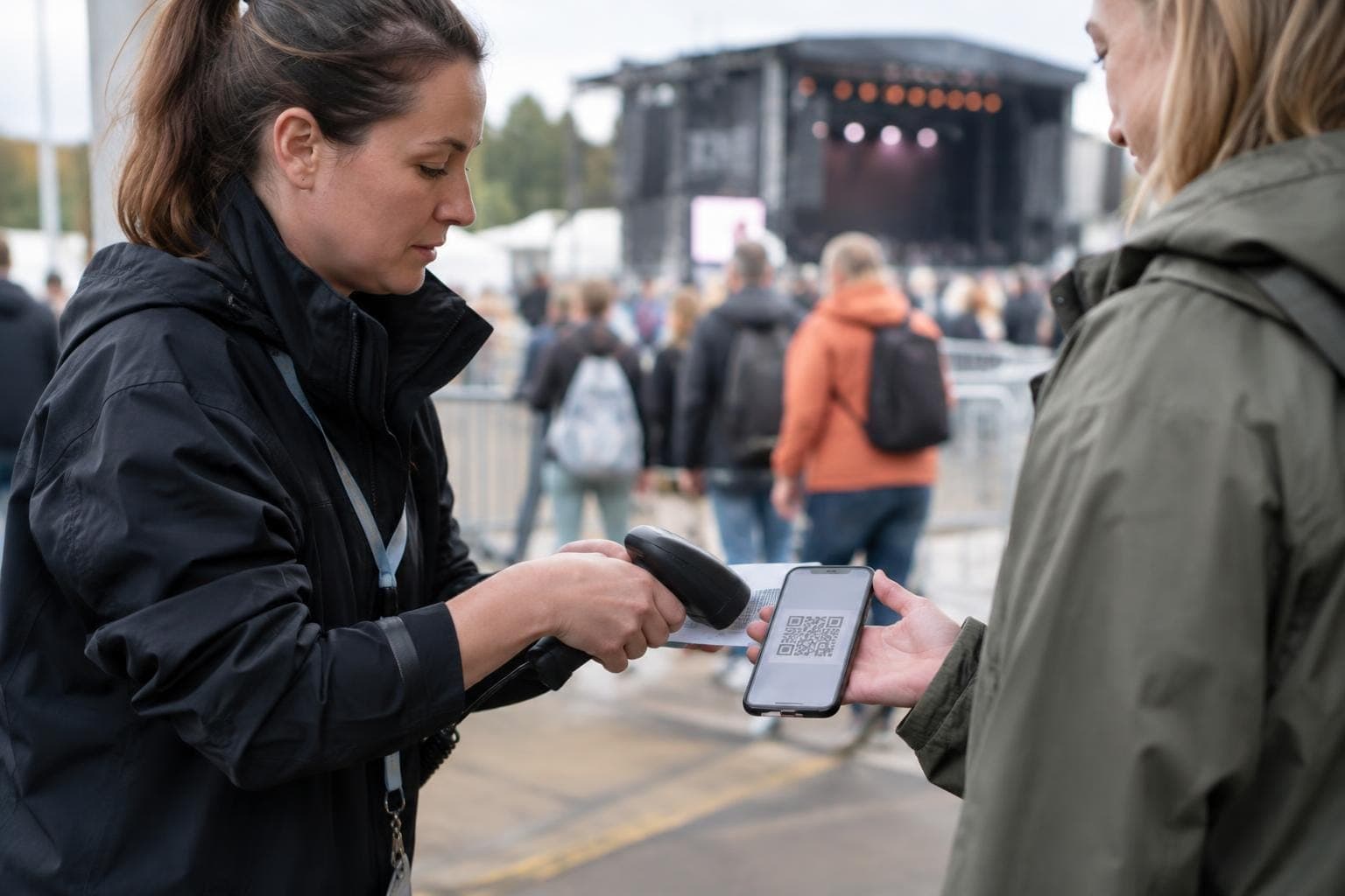 Työntekijä lukee kävijän puhelimessa näkyvää QR-koodia käsilukijalla ulkotapahtumassa. Taustalla näkyy ihmisiä ja lava.
