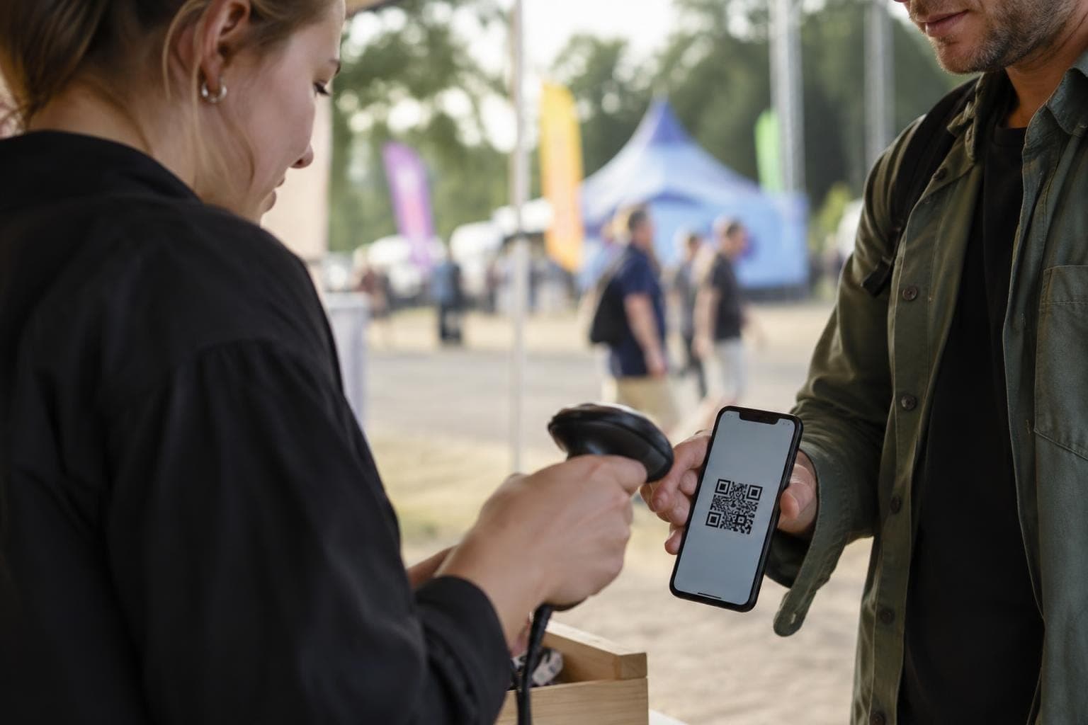 Ulkotapahtumassa nainen suuntaa lukijan miehen puhelimen näytöllä näkyvään QR-koodiin.