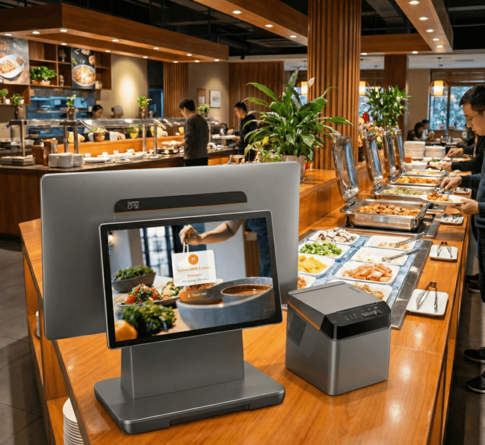 A self-service checkout at the end of a lunch buffet, with guests serving themselves in the background.