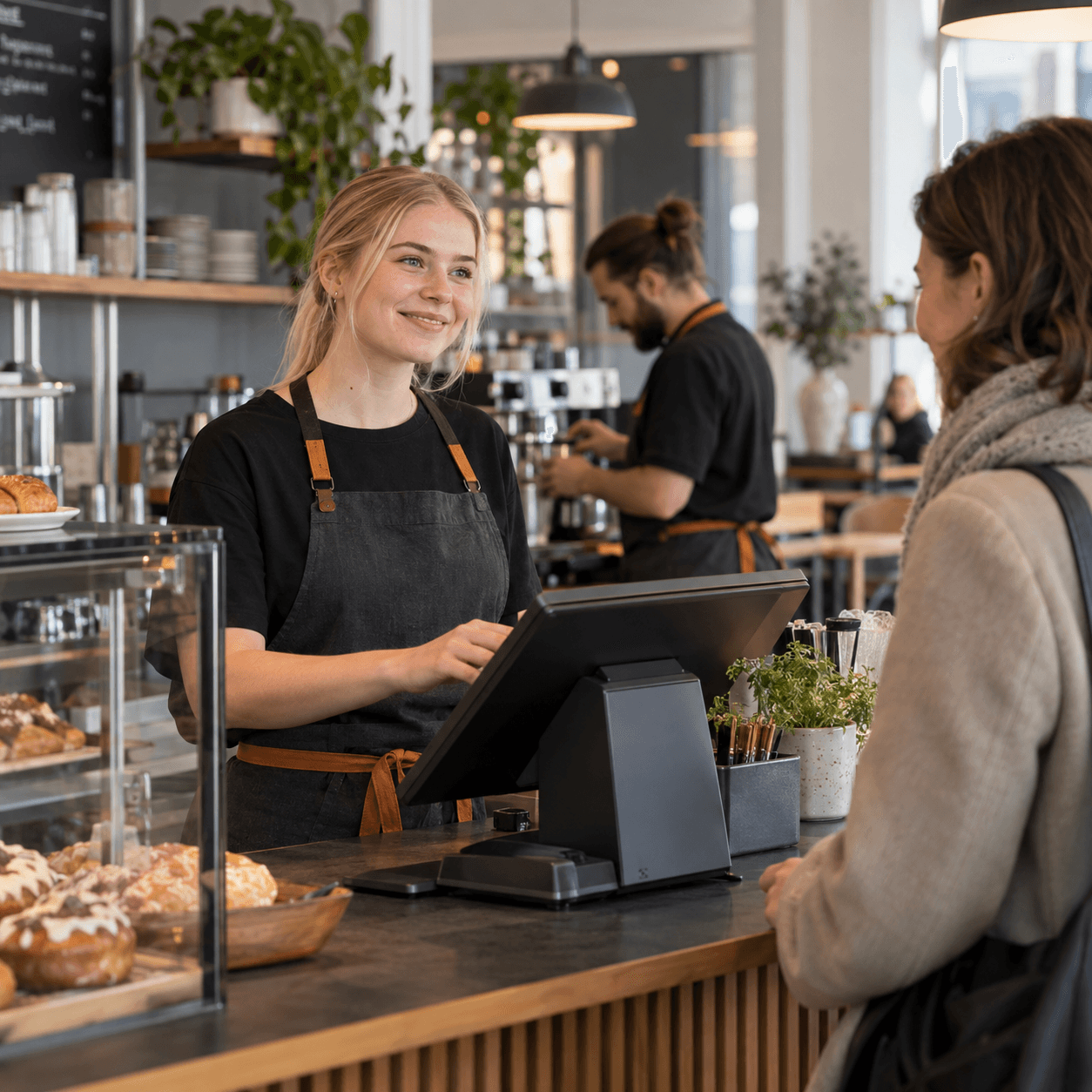 A café worker serves a customer at the till.