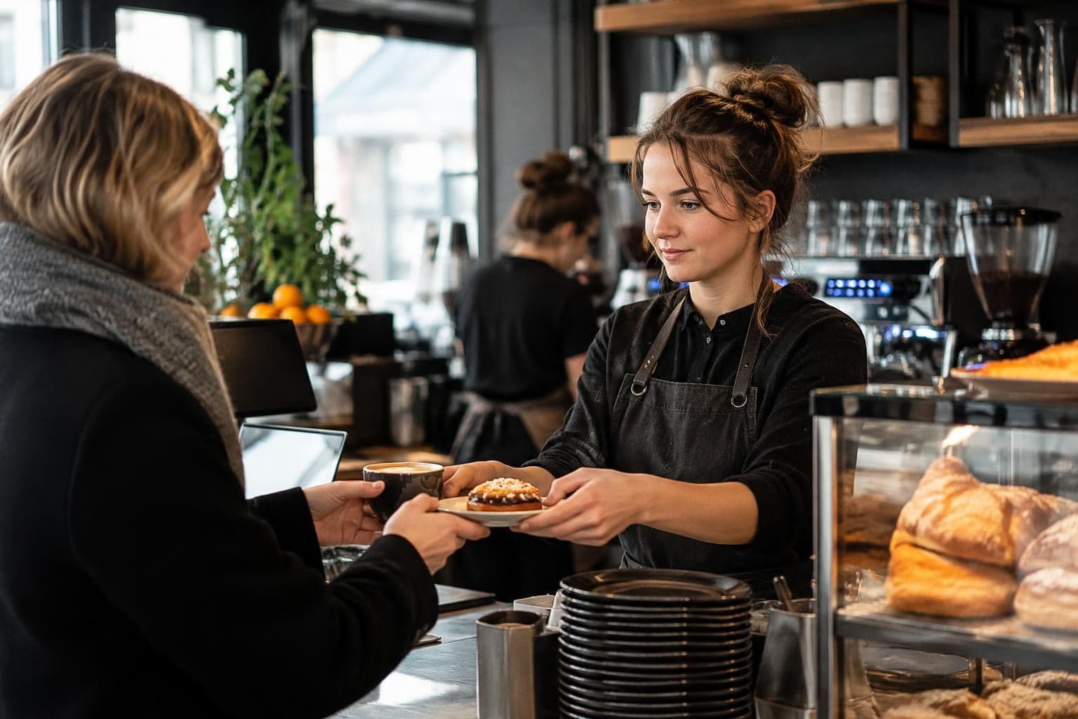 Kahvilan työntekijä ojentaa leivonnaista lautasella asiakkaalle tiskin yli. Vitriinissä näkyy muita leivonnaisia.