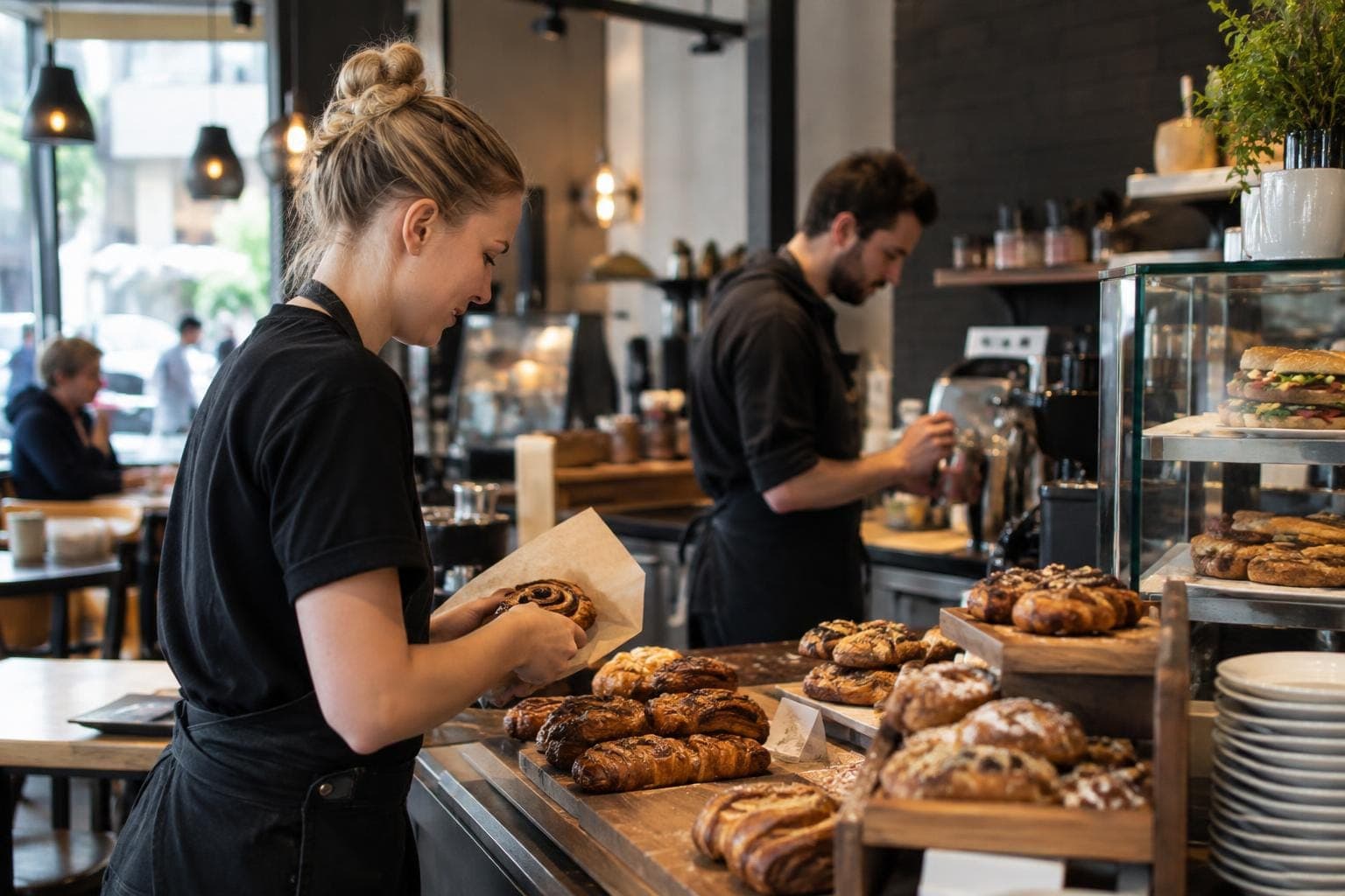 A café worker packs a pastry into a paper bag at a counter full of buns.