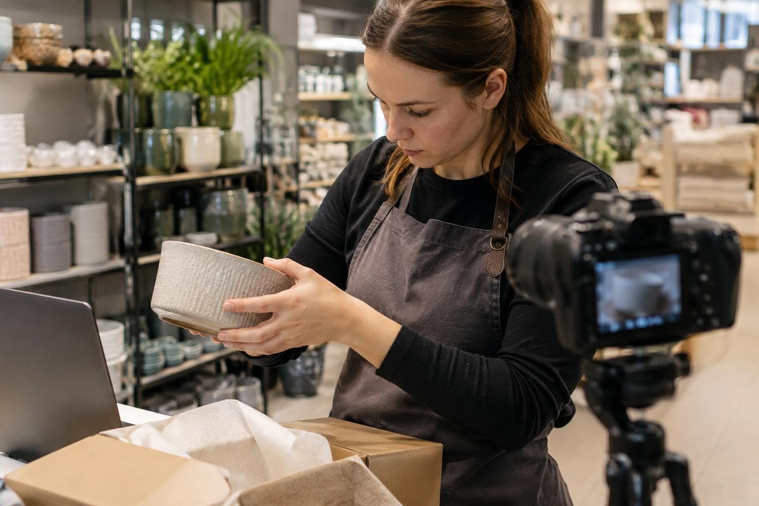 Esiliinaan pukeutunut henkilö pitelee astiaa kameran edessä myymälässä. Pöydällä on pakkausmateriaaleja ja kannettava tietokone, taustalla hyllyjä ja tuotteita.